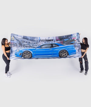 Giant Nissan Skyline R34 GTR Garage Flag Bayside Blue - Hardtuned